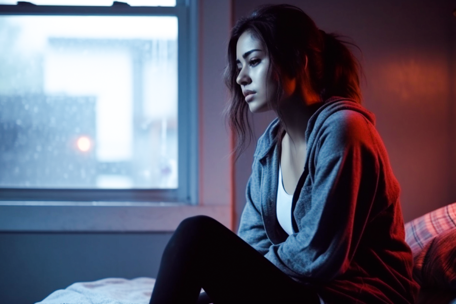 photo of a girl sitting on th e bed with fear and anxiety