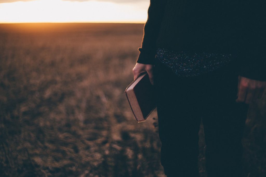 someone holding a bible in the green field