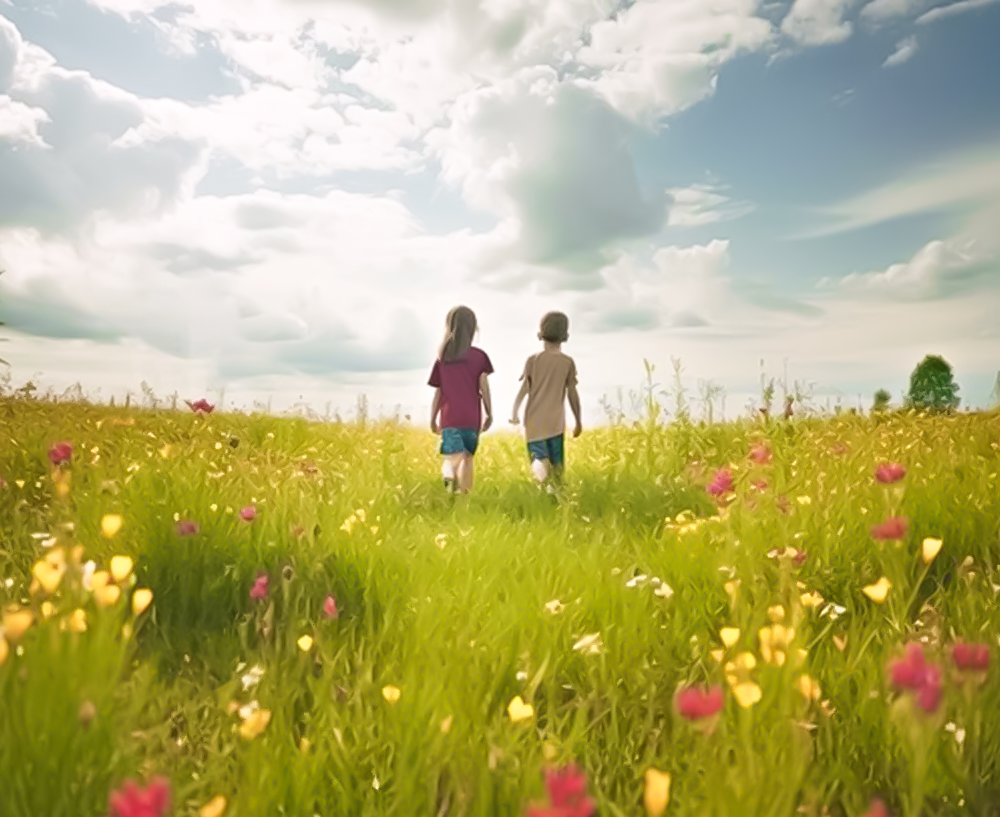 two child walking in the green grass with flowers