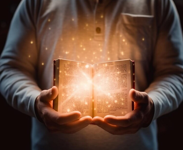 man with a bible with floating particles