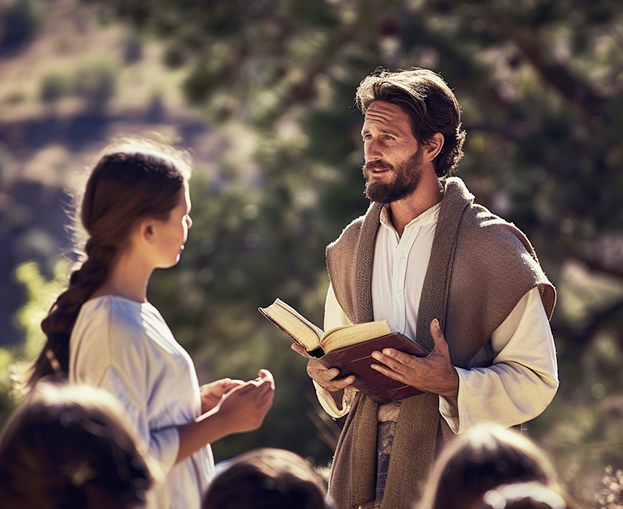 a man evangelizing a younger woman