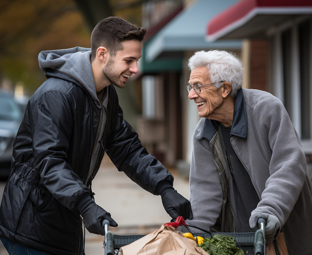 A young man helping an elderly